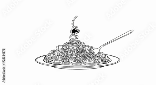 A fork twirls spaghetti atop a plate, a black swirl atop