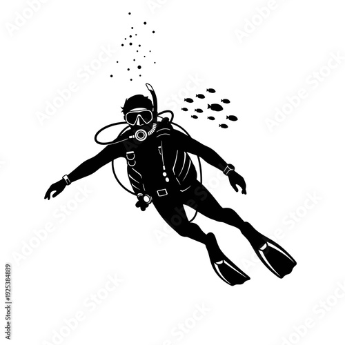 Silhouette of a scuba diver exploring the underwater world with equipment.