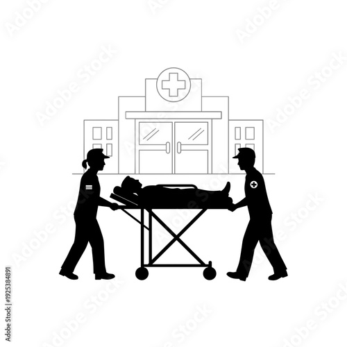 Medical personnel transporting patient on stretcher towards hospital building silhouette.
