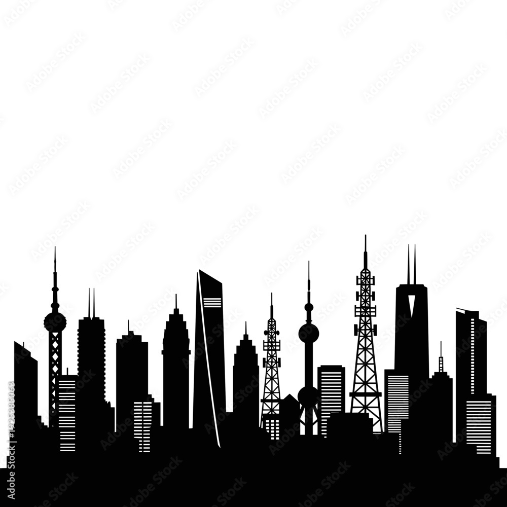 Obraz premium Black and white silhouette of a modern city skyline with tall buildings.