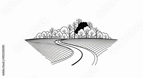 A winding road curves through a stylized landscape of striped fields and trees