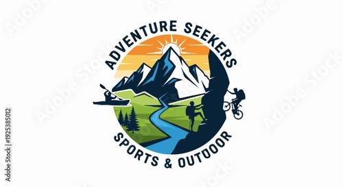 Circular logo with mountains, river, kayak, rock climber, cyclist, sun
