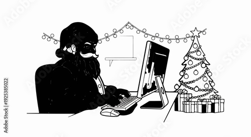 Santa Claus working on a computer surrounded by Christmas decorations and gifts