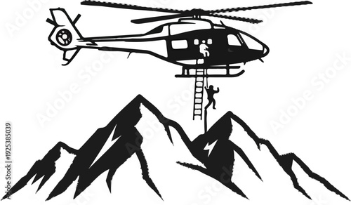 Silhouette rescue operation with a person descending a ladder from a helicopter to mountains