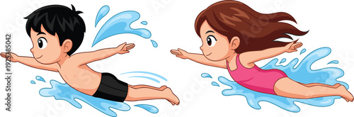 Cute cartoon illustration of a young boy and girl swimming in blue water splashes isolated on white background for summer vacation and sport