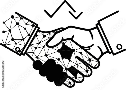 Connected handshake with abstract network and chart lines