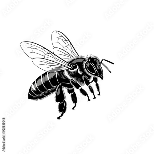 Detailed illustration of a flying honey bee, isolated on a white background.