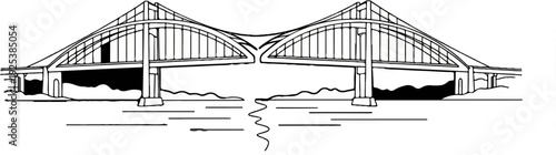 Black and white line drawing of two suspension bridges meeting over water