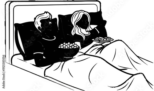 Couple relaxing in bed with snacks, enjoying downtime together