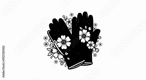 Black gardening gloves adorned with delicate white flowers and greenery