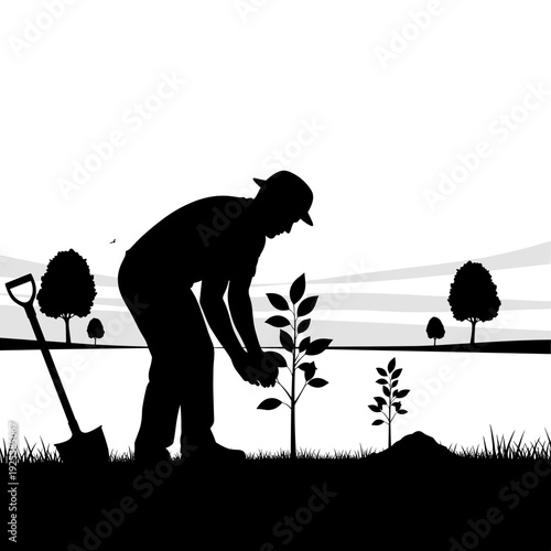 Silhouette of a person planting a tree in a field, environmental concept.