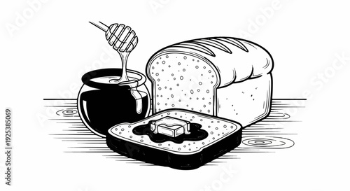 Delicious slice of bread with melting butter and a honey pot