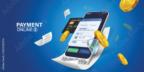3D Online Payment Concept with Mobile Banking App, Credit Card Transaction, Digital Wallet, Secure Financial Technology and E-commerce Checkout Illustration