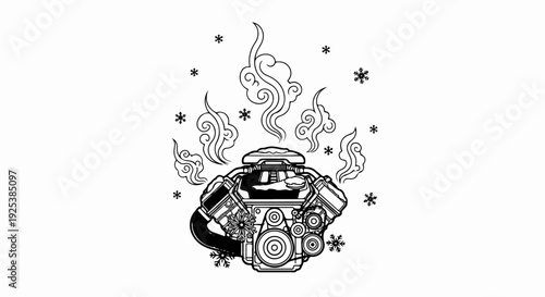 Detailed sketch of a car engine with stylized smoke and snowflakes