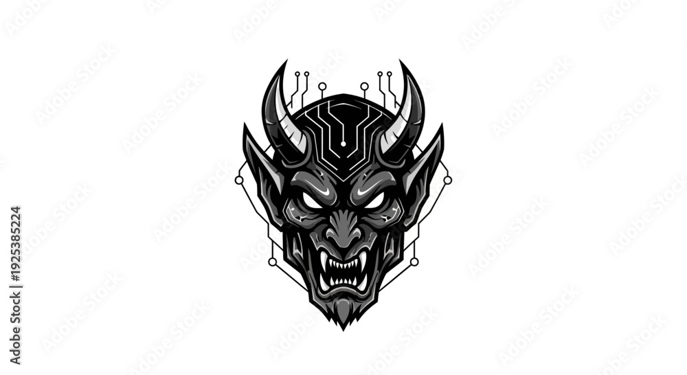 Fototapeta premium Futuristic Cyberpunk Demon Head with Digital Circuitry Vector