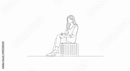 Line drawing of a woman sitting on a stool