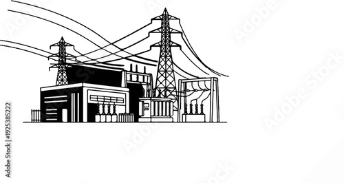 Industrial power station with transmission towers and electrical equipment