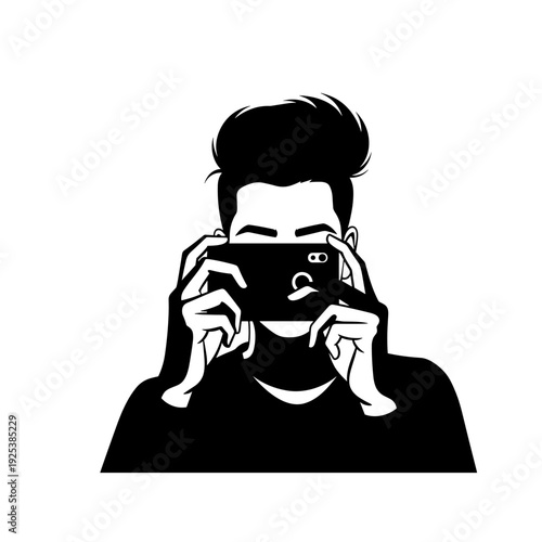 Young man taking a photo with his smartphone in black and white.