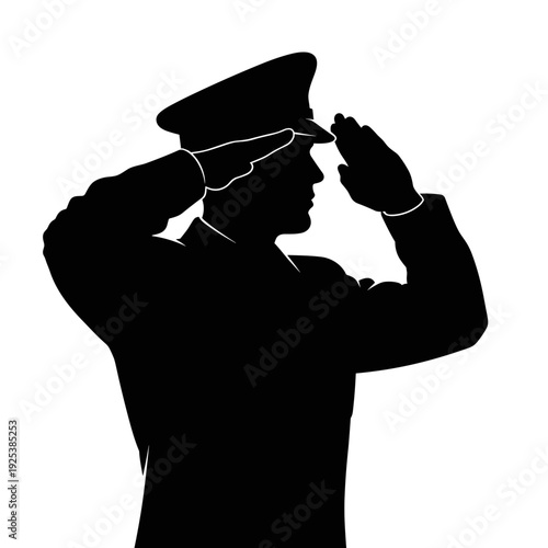 Silhouette of a military officer saluting with respect and honor.