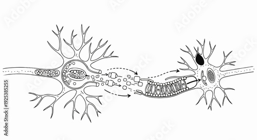 Illustration of two neurons communicating via neurotransmitters at a synapse