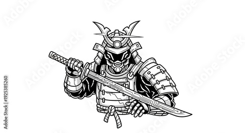 Futuristic Samurai Warrior Holding Katana in Glitch Style Monochrome Illustration