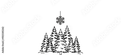 Minimalist sketch of evergreen trees under a falling snowflake
