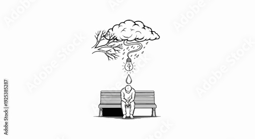 Melancholy figure sits on bench as rain from cloud nourishes lightbulb