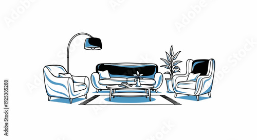 Minimalist living room setup with sofa, armchairs, coffee table, and floor lamp