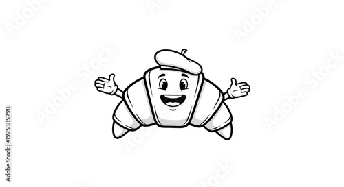 Happy Cartoon Croissant Character with Beret, Welcoming French Bakery Mascot Line Art