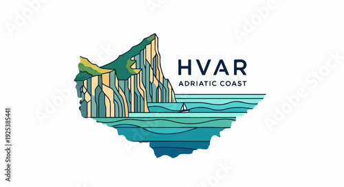 Stylized Adriatic coast with cliffs, sea, and sailboat