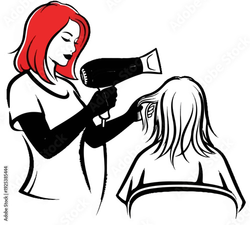 Stylist with red hair drying a client's hair with a blow dryer