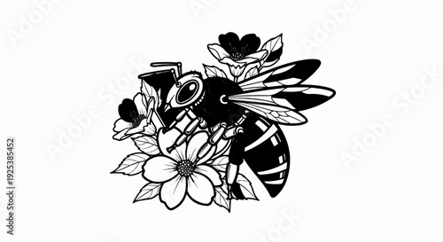 Stylized black and white illustration of a bee with outstretched wings amidst flowers