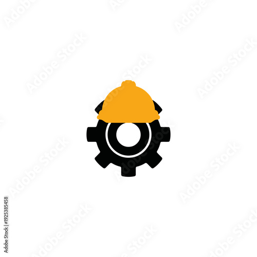 Industrial safety and engineering concept represented by a protective hard hat placed on a mechanical gear, symbolizing construction and operational efficiency
