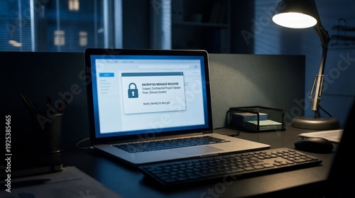 Close up of encrypted email security notification on laptop screen in a dark office setting, highlighting dim lighting and technology