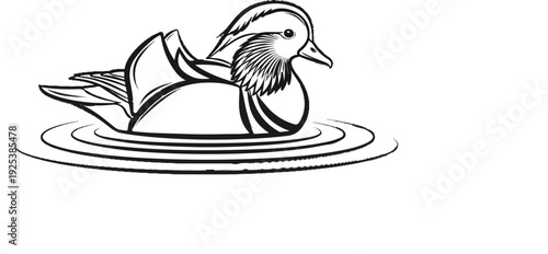 Stylized black and white illustration of a duck floating on rippling water