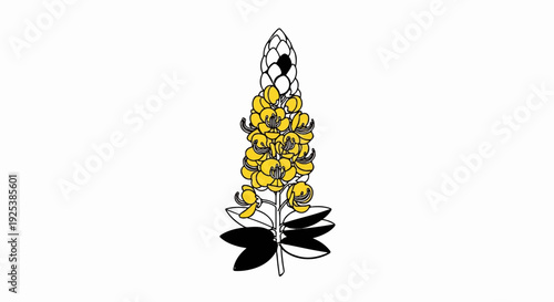 Stylized illustration of a yellow and white flower with black leaves