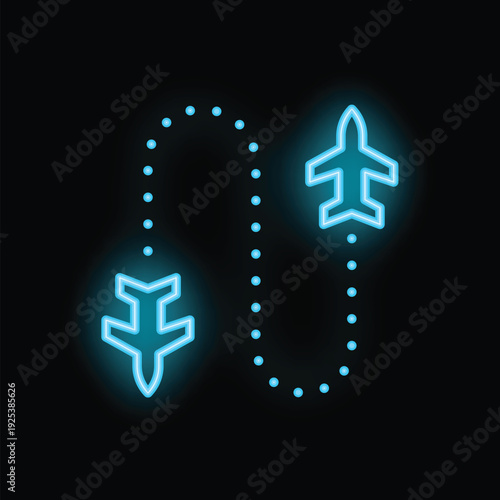 Neon blue icon of an airplane following a dotted flight path on a black background