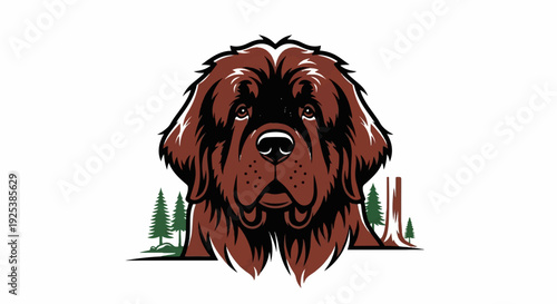 Stylized illustration of a large brown dog's head with forest elements
