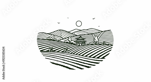 Stylized landscape of rolling hills with a traditional building and workers harvesting