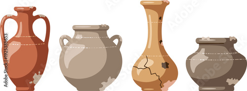 Ancient Clay Pottery Vase Collection with Traditional Ceramic Jars for Archaeology, Museum Artifact, and Historical Culture Vector Illustration.