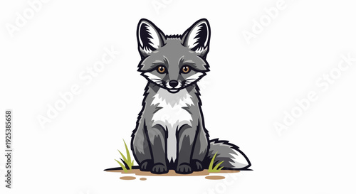A charming cartoon fox sits attentively in a grassy patch, depicted from the front
