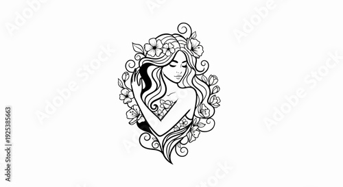 Stylized portrait of a woman adorned with flowing hair and blooming flowers