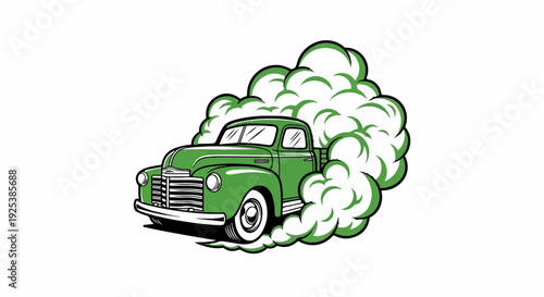 Vintage green pickup truck emitting stylized green smoke