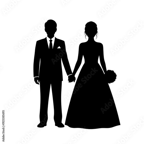 Silhouette of a bride and groom holding hands on their wedding day.