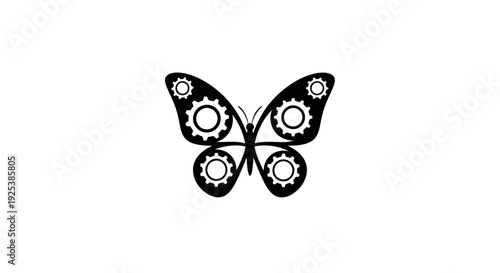 Mechanical Butterfly with Gears Silhouette on White Background