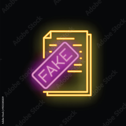 Neon icon of a fake document with a glowing purple label with the word fake on it