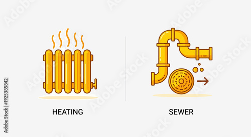 Icons illustrating home utility systems heating and sewage flow
