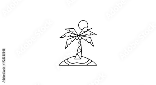 Minimalist Line Art Icon of Tropical Island with Palm Tree and Sun