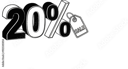 Bold 3D text "20%" with a sale tag on white background