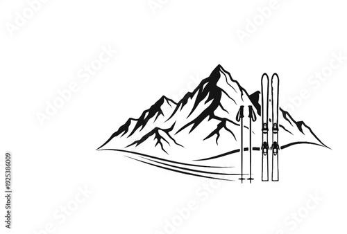 Stylized black and white mountain range with skis and poles
